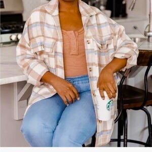 Pink Lily shacket - cream/blue/tan plaid wool blend button front oversized